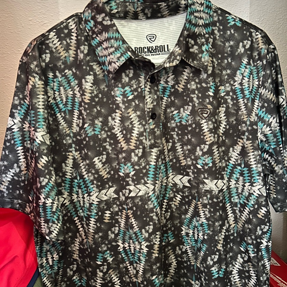 Men's Grey and Blue Patterned Shirt